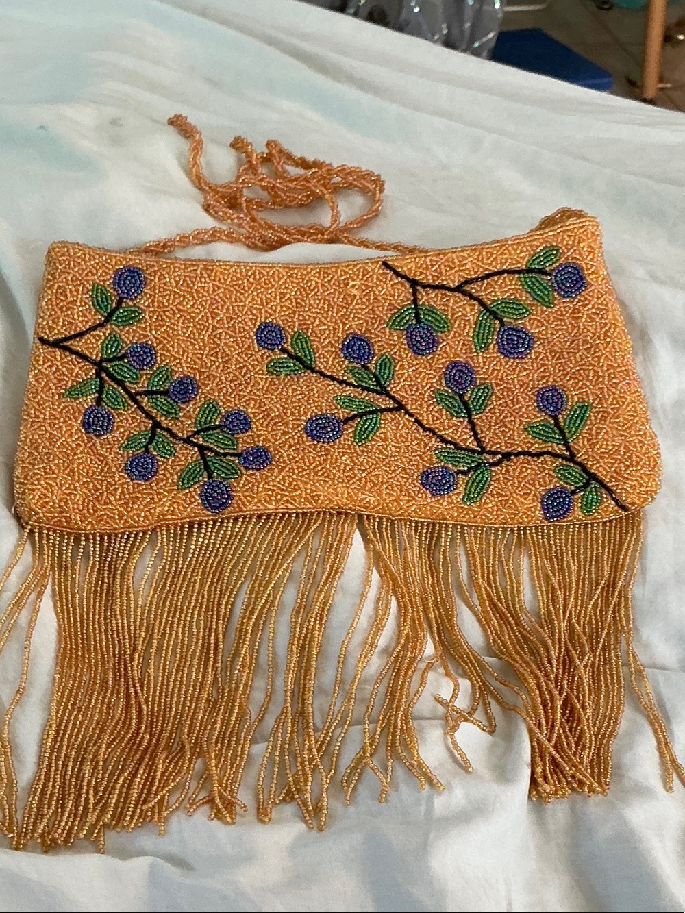 Hand-Beaded Orange Fringe Evening Clutch with Purple Floral Accents